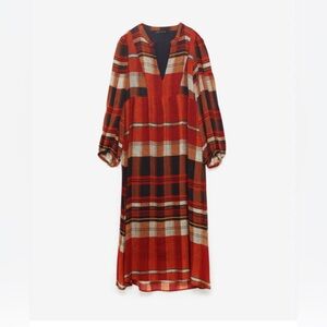 Zara boho red plaid check maxi dress wool blend size XS relaxed fit wool blend